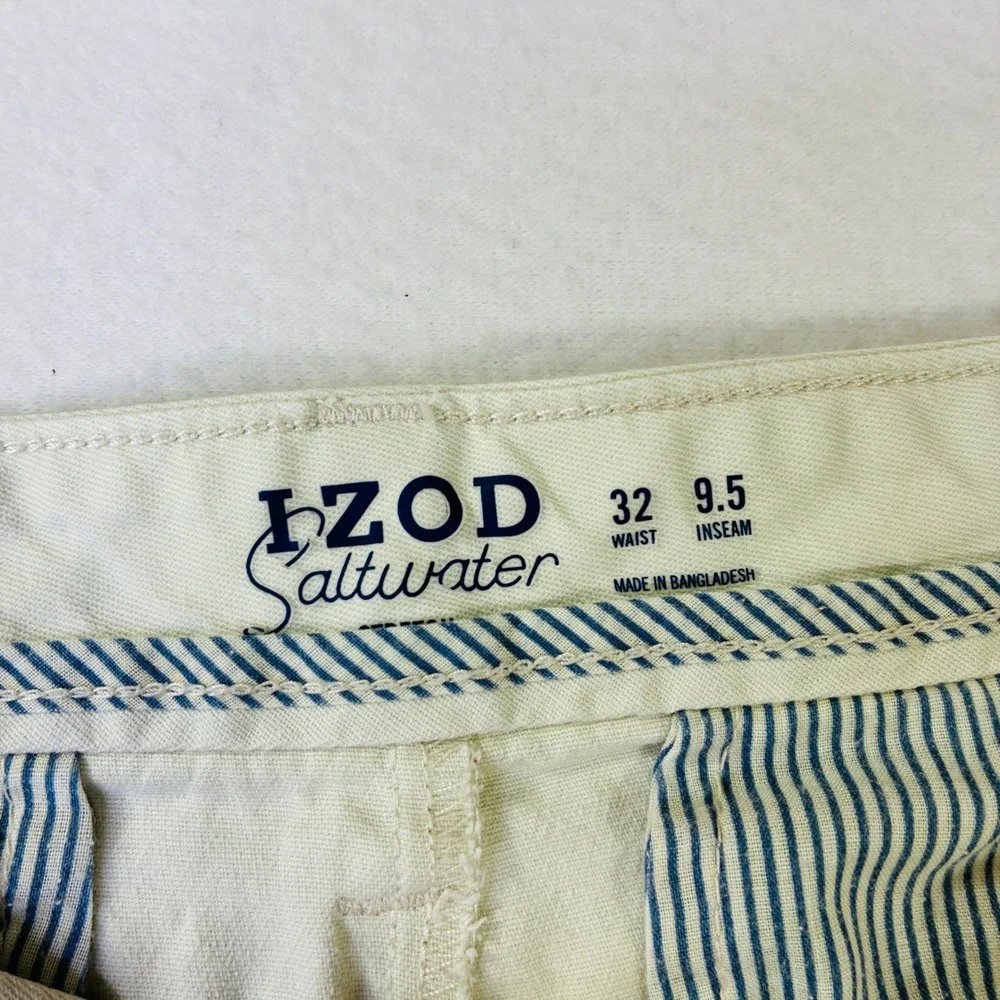 IZOD Saltwater Dock Chino Shorts Mens 32/9.5 Stone Beige Flat Front Cotton Twill